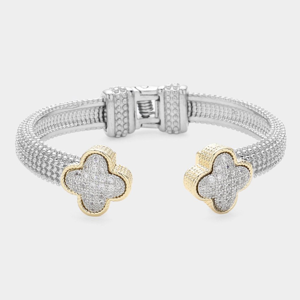 CZ Stone Pave Quatrefoil Two Tone Hinged Cuff Bracelet